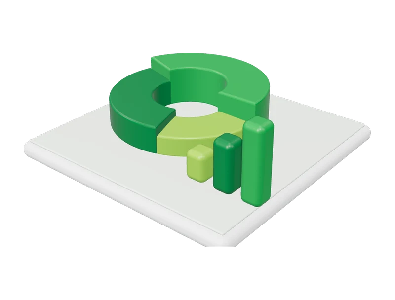 3D illustration of marketing analytics and reporting: donut chart and bars