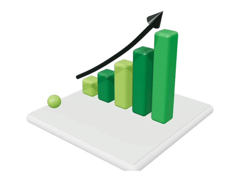 3D illustration of business growth: rising bar chart with arrow