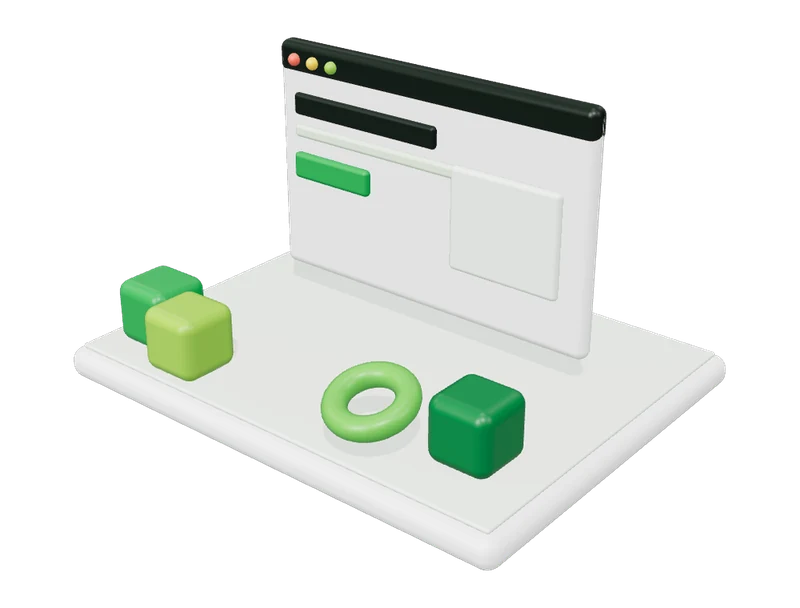 3D illustration of website development: browser window with page layout
